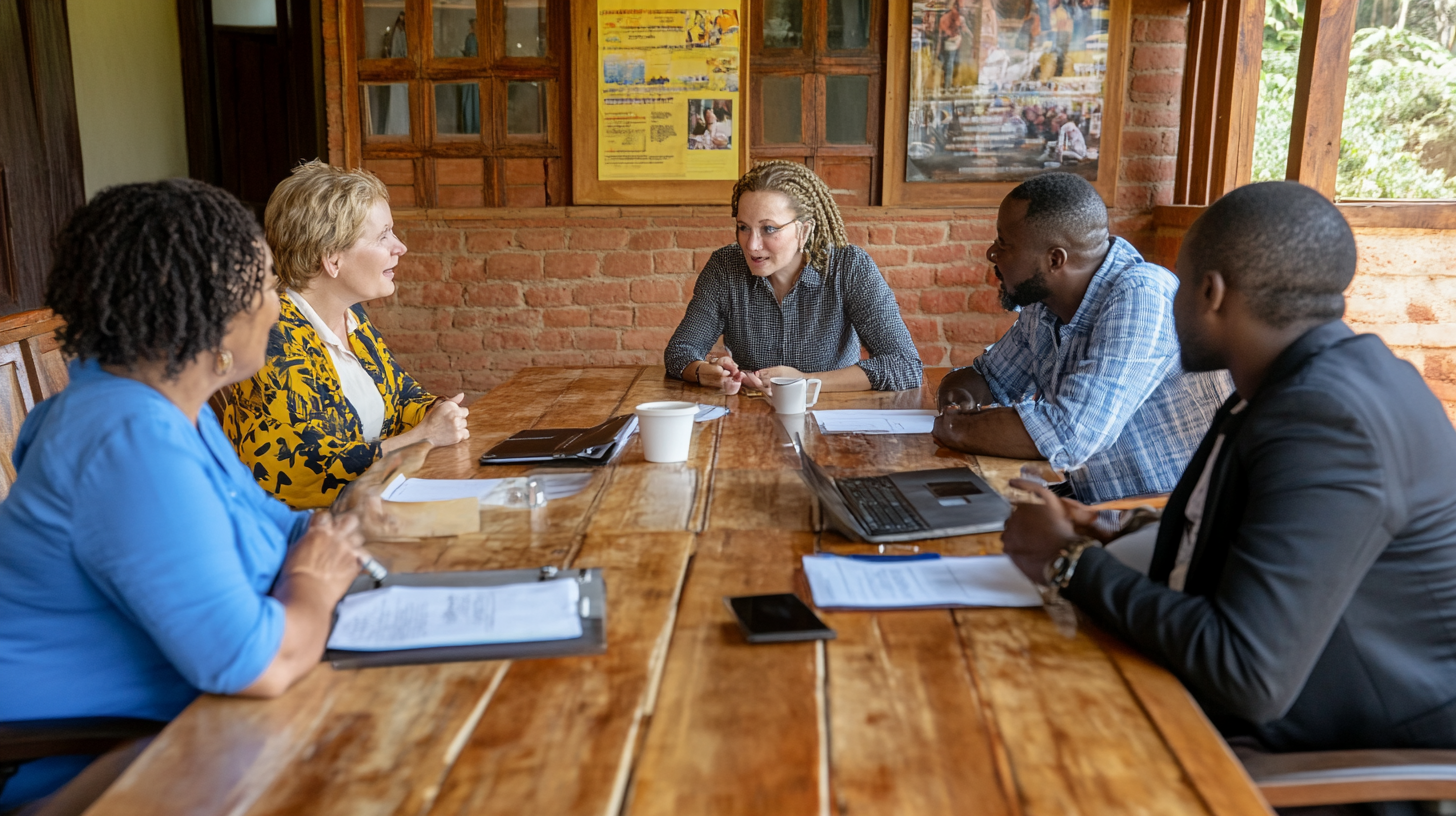 Non-profit boardroom with brick background