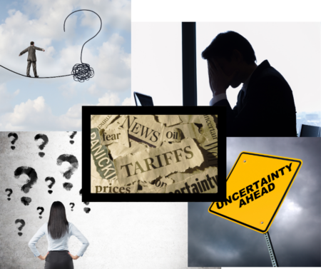 Images of stress and uncertainty, question marks, newspaper snippets of Tariffs, Panicking, Fear.